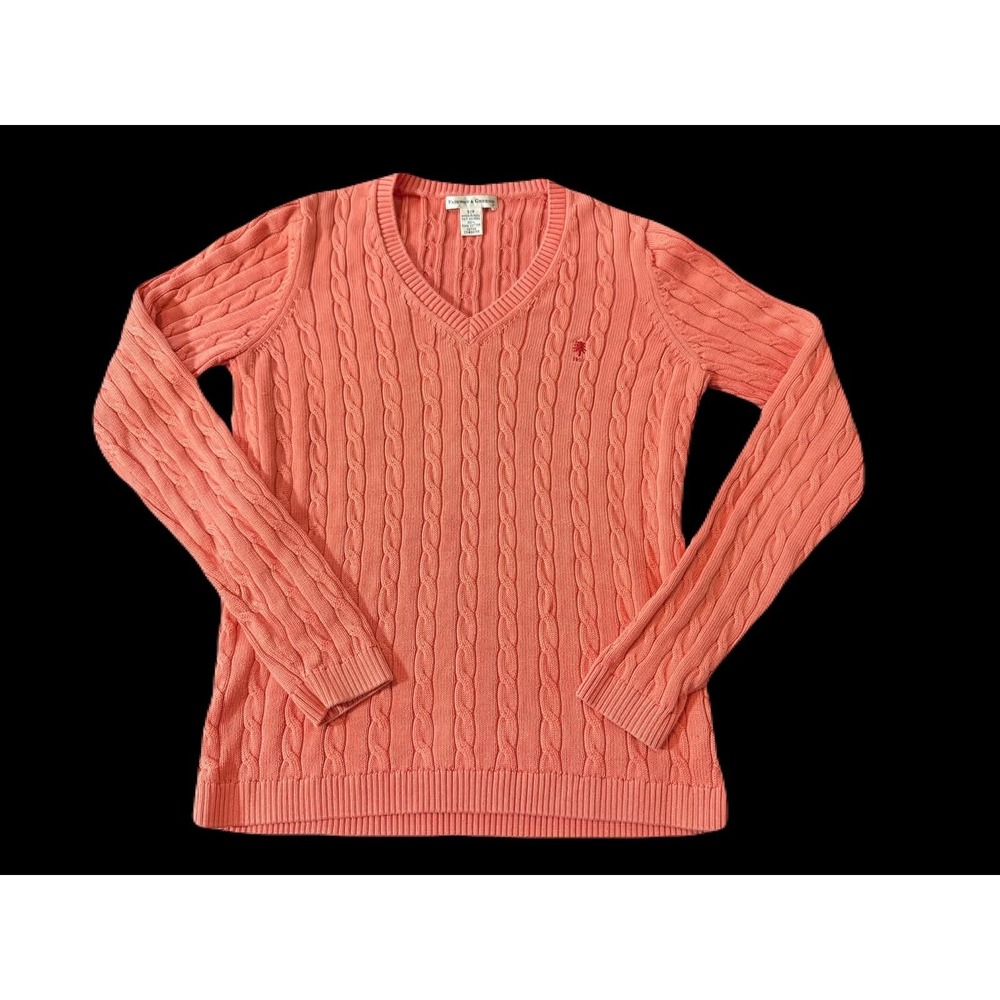 Fairway & Greene Pima Cotton Cable Knit V-Neck Sweater Coral Golf